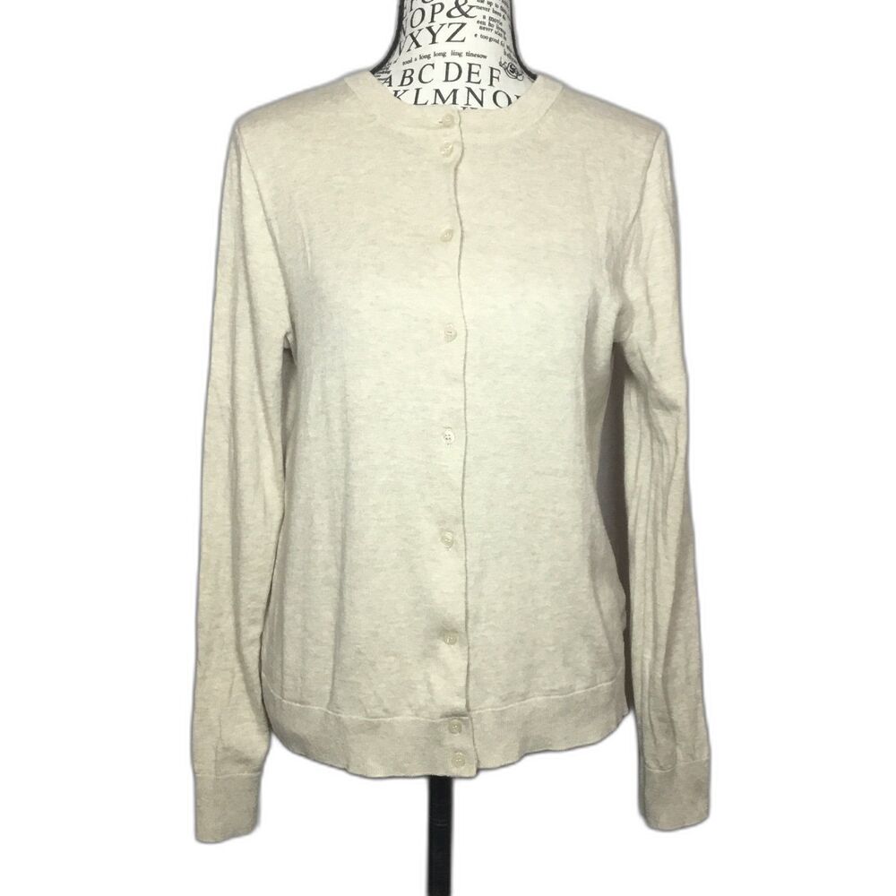 Creamy oatmeal stretchy cotton cardigan button down round neck business casual S